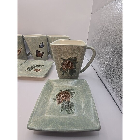 Set Of 4 MWW Market Plates 4.5” & Mugs Green Butterflies, Feather, Leaves, Acorn - Picture 3 of 8
